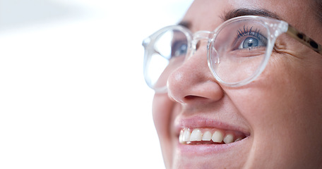 Image showing Woman, vision and glasses, face and smile with mockup space, designer frame and prescription lens. Optometry, health for eyes and eyewear, eye care and thinking with happy female in closeup