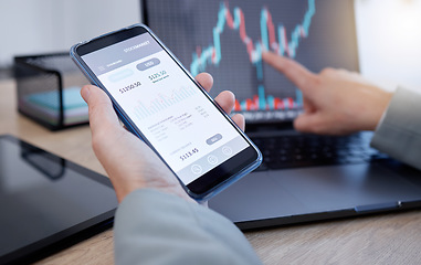 Image showing Hands, phone and laptop in trading for cryptocurrency, NFT or blockchain monitoring candle stick chart of investment. Hand of trader or broker with smartphone app on stock market for ecommerce