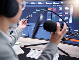 Image showing Stock market podcast, microphone and digital graph of investment growth with radio presenter. Fintech influencer, stocks chat and trading information communication of social media online speaker