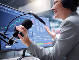 Image showing Stock market podcast, woman with microphone and live streaming of web growth with radio presenter. Fintech influencer, blog chat and trading information communication of social media online speaker