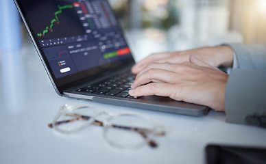 Image showing Hands, laptop and typing in trading for cryptocurrency, NFT or blockchain monitoring, chart or profit of investment. Hand of trader, investor or broker with computer on stock market for ecommerce