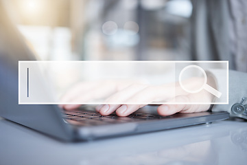 Image showing Hands, laptop and search bar for research, question or query on information, data or knowledge at the office desk. Hand of employee browsing on computer for online lookup, inquiry or IoT on mockup