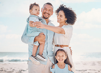 Image showing Happy portrait, beach love and family bonding, relax or enjoy quality time together for vacation, holiday peace or ocean freedom. Sea water, outdoor travel or nature people in Rio de Janeiro Brazil