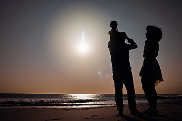Image showing Sunset silhouette, beach love and family bonding, relax or enjoy quality time together for vacation, holiday peace or freedom. Sea water, travel mockup and outdoor nature people in Sydney Australia