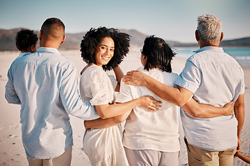 Image showing Love hug, beach portrait and family walking, bond or enjoy quality time together for vacation, holiday peace or freedom. Ocean sea, summer travel or back view of relax people in Rio de Janeiro