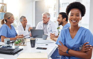 Image showing Portrait, happy black woman or nurses in meeting for a strategy or working in hospital for healthcare together. African, smile or group of doctors talking, planning or helping innovation or ideas