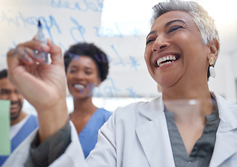 Image showing Happy, planning or doctors writing on glass board for a strategy working in hospital for future medicine. Smile, teamwork or senior nurses meeting for medical health innovation or ideas together