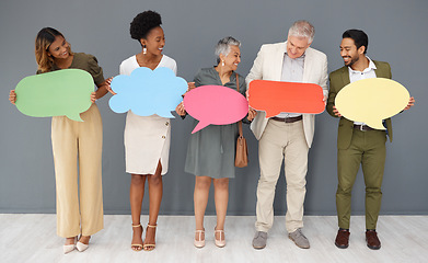 Image showing Feedback, survey and mockup with business people and speech bubble for voice, social media and forum. Opinion, vote and branding with group and chat sign for idea, communication and text message icon