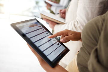 Image showing Woman, hands and tablet checking job listing for hiring, opportunity or recruiting agency at office. Hand of female recruiter or intern searching online on touchscreen for recruitment or employment