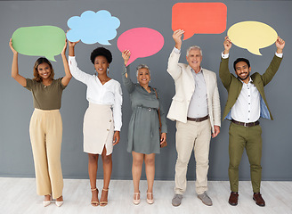 Image showing Comment, portrait and mockup with business people and speech bubble for voice, social media or forum. Opinion, vote and branding with group and chat sign for idea, communication and text message icon