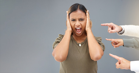 Image showing Shouting, pointing and fingers with portrait of woman for bullying, shame and accusation with mockup. Fraud, blame and judgment with employee for negative, conflict and responsible in workplace