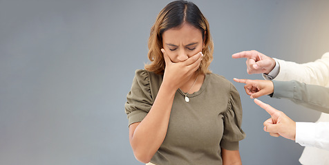 Image showing Bullying, pointing and hands with business woman for mistake, shame and betrayal in workplace. Guilty, wall background and upset girl with fingers point for blame, negative judgement and conflict