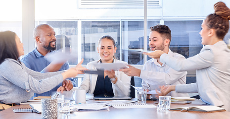 Image showing Business people, documents and collaboration in team planning, schedule or strategy at office. Diverse group of employee workers passing paperwork in meeting for marketing or project plan on table