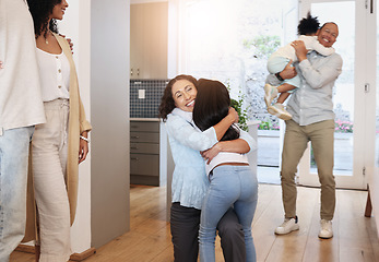 Image showing Hug, happy and family in a house for a visit, excited and showing affection. Smile, affectionate and grandparents hugging children, bonding and reunited while visiting during retirement together