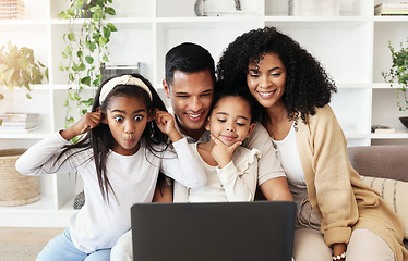 Image showing Video call, funny and family with a laptop for communication, movie or conversation online. Comic, bonding and parents with children for connection, photo or streaming on the internet with tech