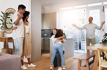 Image showing Welcome, happy and hug with grandparents and family in living room for bonding, greeting and meeting. Smile, affectionate and generations with children and parents at home for hello, embrace or visit