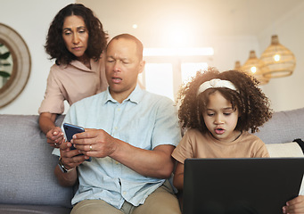 Image showing Grandparents, girl and technology in living room, stress and communication with device, couch and relax. Love, granny and grandfather with female child, smartphone and connection in lounge or family