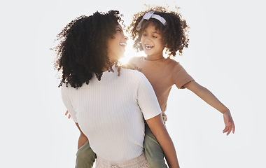 Image showing Mockup, mother and girl with smile, piggy back and love with quality time, holiday and celebration. Family, mama and daughter with happiness, bonding and loving on weekend break, carefree and relax