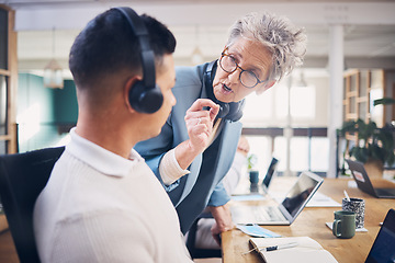 Image showing Call center, customer service and leader training man explaining or talking online in telemarketing training. Senior woman, help or sales people in communication at customer services or support desk