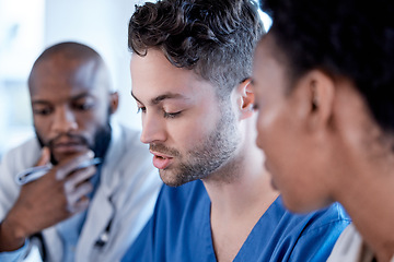 Image showing Planning, discussion and team of doctors meeting for healthcare brainstorming, teamwork and research analysis. Diversity people, medical professional or nurses talking or manager speaking of results