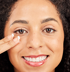 Image showing Face, skincare and portrait of black woman with cream for facial dermatology. Cosmetics, smile and happy young female model apply lotion, creme or moisturizer product for skin health and wellness.