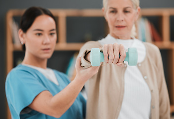 Image showing Patient hand, dumbbell and physiotherapy rehabilitation nurse help for fitness, muscle and support. Healthcare physiotherapist woman with elderly person for physical therapy and stretching exercise