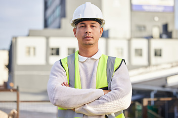 Image showing Portrait, man and engineer with arms crossed in city with pride for career and job. Architect face, construction and serious, proud and confident male contractor or professional with success mindset.