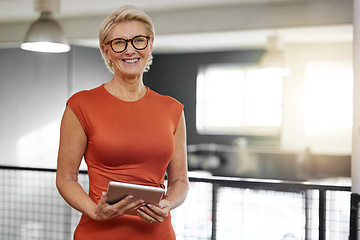 Image showing Portrait, tablet and smile of business woman in office with pride for career and job. Ceo, boss and happy face of elderly female entrepreneur or professional from Canada in company with technology.