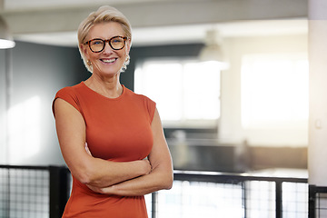 Image showing Portrait, arms crossed and smile of business woman in office with pride for career and job. Ceo glasses, boss face and happy, confident and proud elderly female entrepreneur from Canada in company.