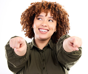 Image showing Pointing, thinking and motivation with a black woman in studio isolated on a white background for choice or selection. Happy, ideo and point with an attractive young female choosing an option