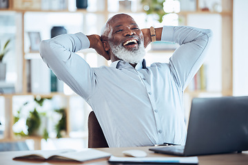 Image showing Happy black man stretching at desk for relax, online success and work life balance on office laptop. Business manager, boss or person success, calm and confident for project or career time management