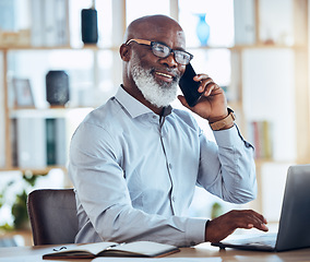 Image showing Black man, laptop or phone call for corporate networking, negotiation or client rapport for finance loan deal. Smile, happy or talking businessman on mobile communication technology for conversation