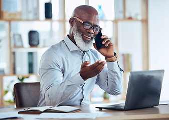 Image showing Happy black man, laptop or phone call in corporate networking, negotiation or client rapport on finance loan deal. Smile, talking or ceo businessman on mobile communication technology or conversation