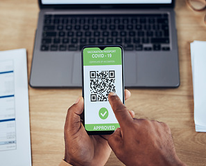 Image showing Hands, phone screen and person with a covid qr code, vaccination certificate and travel security. Healthy, safety and man with a barcode on a mobile app for verification of health and corona free