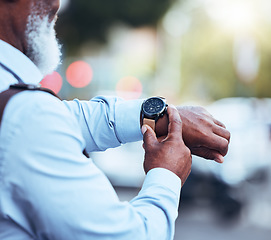 Image showing Watch, black man and hands in city with time management, schedule or waiting for taxi commute. Closeup, arm and wristwatch of corporate worker in street outdoors for appointment, delay or check clock