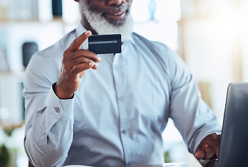 Image showing Black man hand, credit card or laptop for finance management, insurance or investment payment for future wealth policy. Smile, mature or CEO businessman on bank website, technology or online fintech