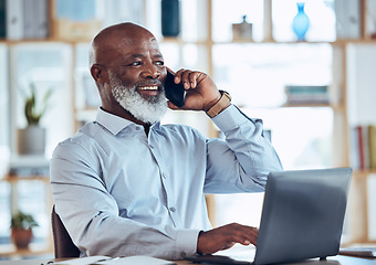 Image showing Talking black man, laptop or phone call in corporate networking, negotiation or client rapport on finance loan deal. Smile, happy or ceo businessman on mobile communication technology or conversation
