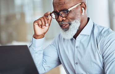 Image showing Black man, earphones or glasses for laptop video call, conference meeting or webinar for training, workshop or presentation. Vision, confused or mature businessman on technology broadcast with doubt