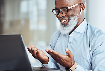 Image showing Black man hands, earphones or laptop on video call, conference meeting or webinar for training, workshop or presentation. Smile, happy or talking mature businessman with virtual broadcast technology