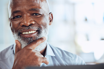 Image showing Black man, portrait and corporate worker in office with success mindset, growth planning or interest on mockup space. Zoom, face and mature CEO businessman with leadership, management or confidence