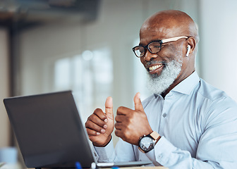 Image showing Thumbs up, laptop and African businessman on online meeting or virtual discussion in his office. Happy, success and senior male manager with approve gesture on video call with computer in workplace.