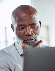 Image showing Ceo, black man and thinking with glitch, stress and anxiety in workplace, computer and deadline. African American male leader, manager and entrepreneur with confusion, research and connection issues