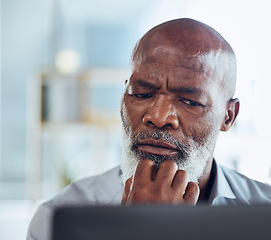 Image showing Business, confused and black man thinking, stress and deadline for project, information technology problem and glitch. African American male employee, leader and manager with serious face or research