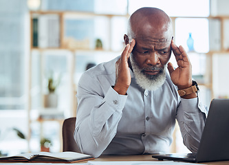 Image showing Black man, laptop or stress headache in office with financial loss, company investment fail or corporate bankruptcy crisis. Anxiety, worry or mistake for businessman, ceo or mature boss on technology