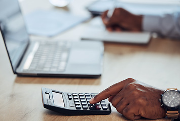 Image showing Closeup, hand and calculator for business, balance and calculating for budget, finance and workplace. Zoom, hands and administrator with bookkeeping, accounting and profit growth in office or economy