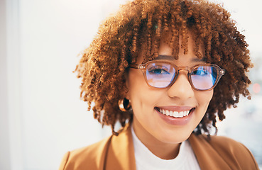 Image showing Optometry, glasses and portrait of black woman vision, eye care and happy customer with new lens frame. Young client or person, prescription specs, eyes healthcare and blue reflection or anti glare