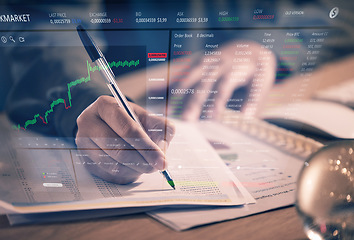 Image showing Overlay, trading and hand writing stock market notes for financial profit, cryptocurrency or tracking investments at night on desk. Hands of trader, broker or investor planning in double exposure