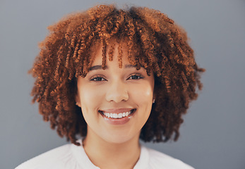 Image showing Corporate black woman, studio portrait and smile with beauty, makeup and cosmetics by gray background. Young manager, gen z african girl and glow on skin with vision, happiness and career mission