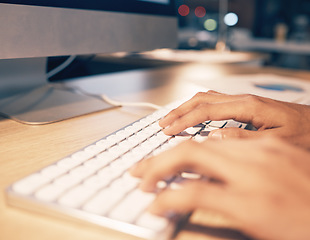 Image showing Typing, computer and browsing with hands of person in office for email, overtime and project proposal. Technology, internet and search with employee and keyboard for report, deadline and planning