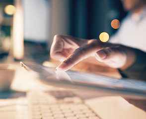 Image showing Technology, mockup screen and hand on tablet for internet, social media and networking online at night. Communication, office and worker with blank digital tech for mobile app, research and website